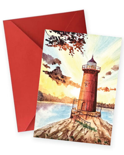 image of 5x7 art card with watercolor illustration of Washington Height's Little Red Lighthouse with orange and yellow sunset