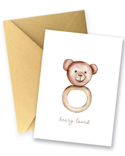 Watercolor bear toy rattle new baby greeting card featuring the sentiment "beary loved."