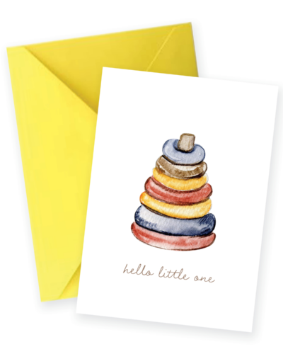 Watercolor stacking rings new baby greeting card featuring a classic toy and the caption "hello, little one."