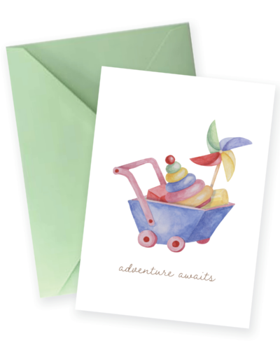 Adventure Awaits – Toy Cart New Baby Greeting Card