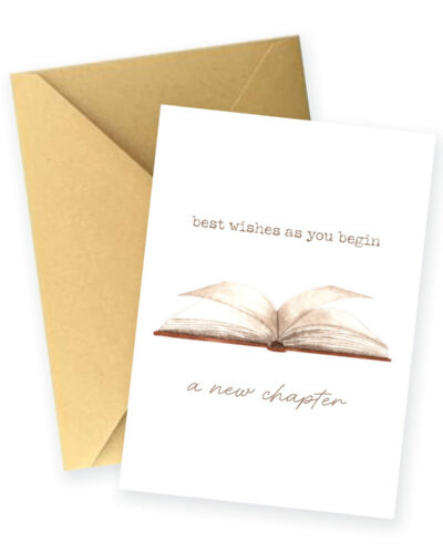 5x7 greeting card featuring an open watercolor book illustration with the words "best wishes as you begin a new chapter" and a kraft envelope