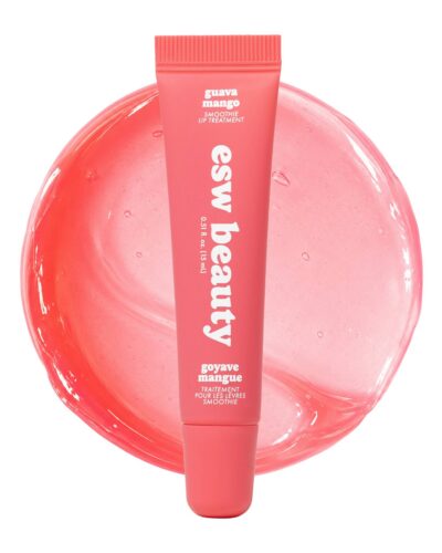 ESW Beauty Guava Mango Smoothie Lip Treatment tube displayed over a glossy pink jelly texture.