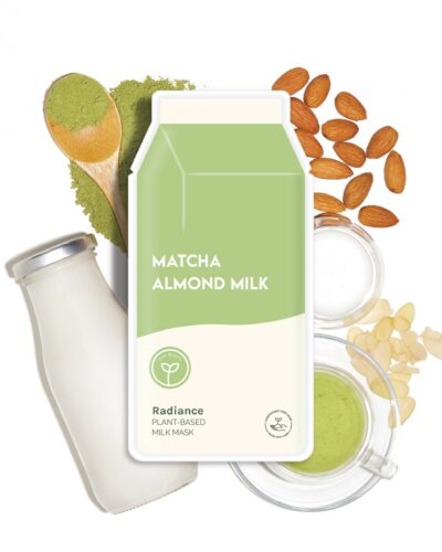 ESW Beauty Matcha Almond Milk Radiance Plant-Based Milk Mask surrounded by matcha powder, almonds, almond milk, and a green matcha drink.