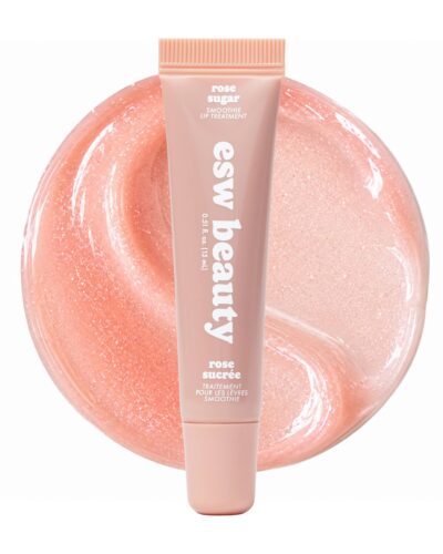 Rose Sugar Smoothie Lip Treatment tube displayed over a glossy rose shimmer swatch on a white background.