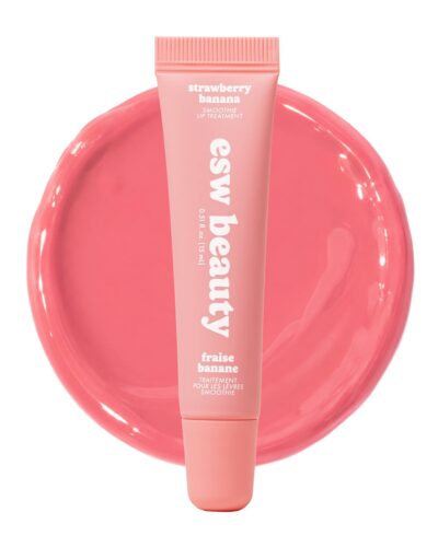 Strawberry Banana Smoothie Lip Treatment tube centered over a glossy pink product swatch on a light background.
