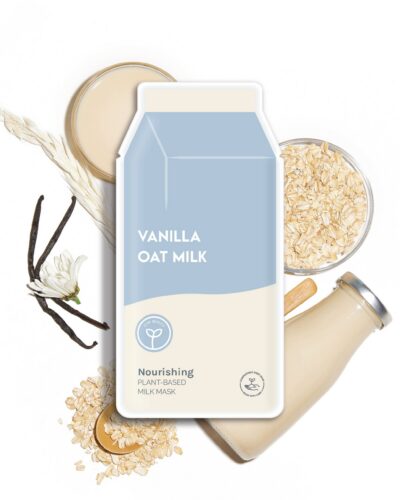 ESW Beauty Vanilla Oat Milk Nourishing Plant-Based Milk Mask surrounded by oats, vanilla, milk, and soft botanical ingredients.