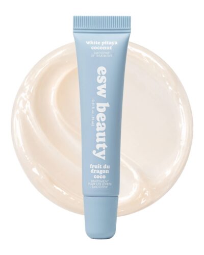 ESW Beauty White Pitaya Coconut Smoothie Lip Treatment tube displayed over a clear glossy lip treatment texture.