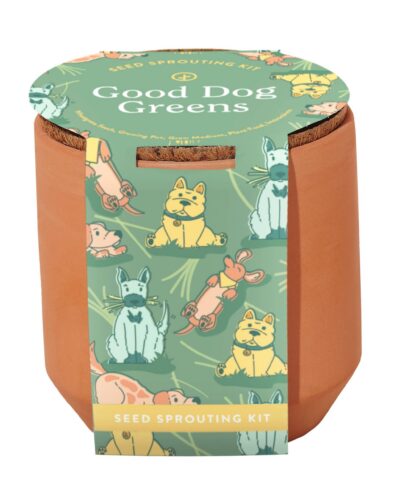 Good Dog Greens tiny terracotta pet grow kit in illustrated dog-themed packaging.