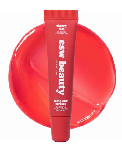 Cherry Tart Smoothie Lip Treatment tube displayed centered over a bright red glossy swatch background.