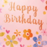 closeup image of happy birthday text and flowers on gift bag design
