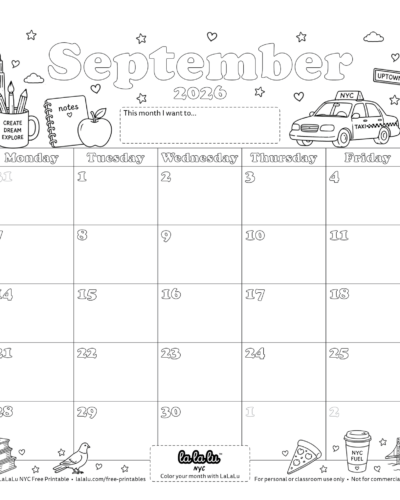 September 2026 NYC Coloring Calendar – Free Printable PDF