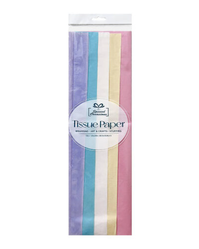 10-sheet pastel tissue paper pack in lavender, blue, white, yellow and pink