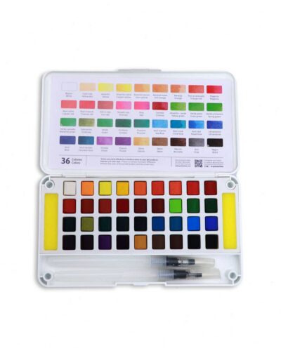 Open 36-color travel watercolor palette with two water brushes and painting accessories