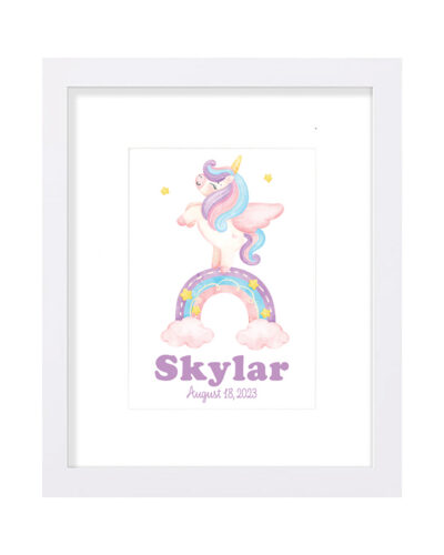 Personalized Unicorn & Rainbow Nursery Wall Art Print – Framed