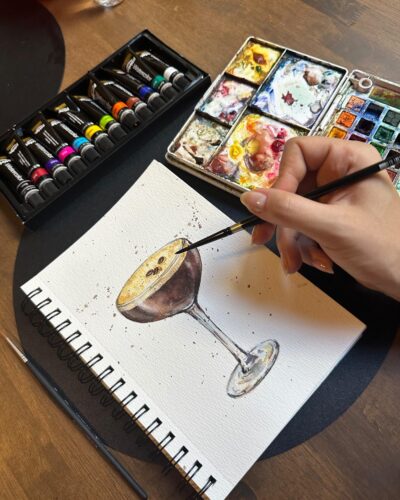 Watercolor sip and paint NYC espresso martini workshop at Bird in Hand