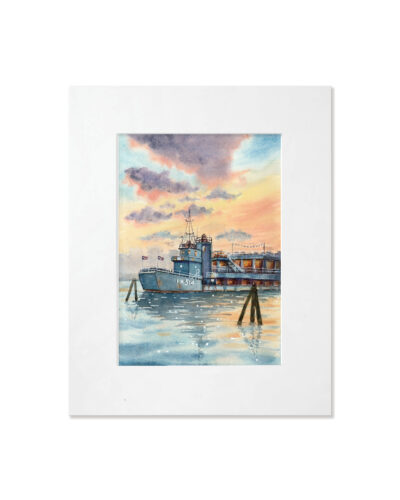 Tamila Dubas watercolor print of the Baylander at West Harlem Piers with white mat