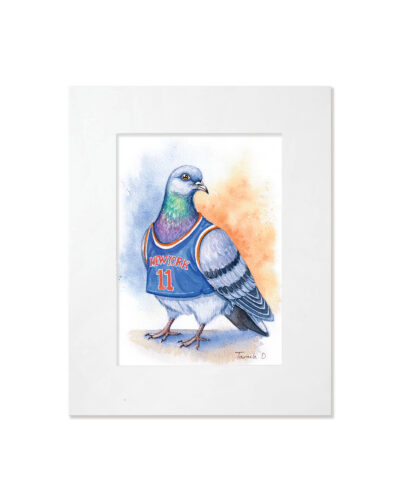 Tamila Dubas “Knicks Pigeon” watercolor print with white mat