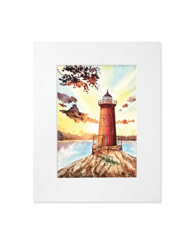 Tamila Dubas watercolor print of the Little Red Lighthouse in Washington Heights with white mat