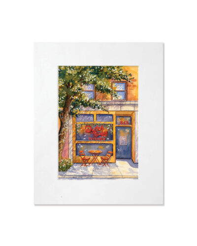 Tamila Dubas watercolor artwork of the Dutch Baby Bakery storefront in NYC
