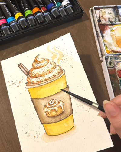 Cinnabon latte watercolor painting for LaLaLu watercolor workshop at Buunni Coffee in Washington Heights