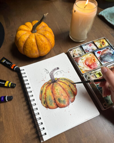 Pumpkin watercolor painting for Tamila × LaLaLu workshop in Washington Heights